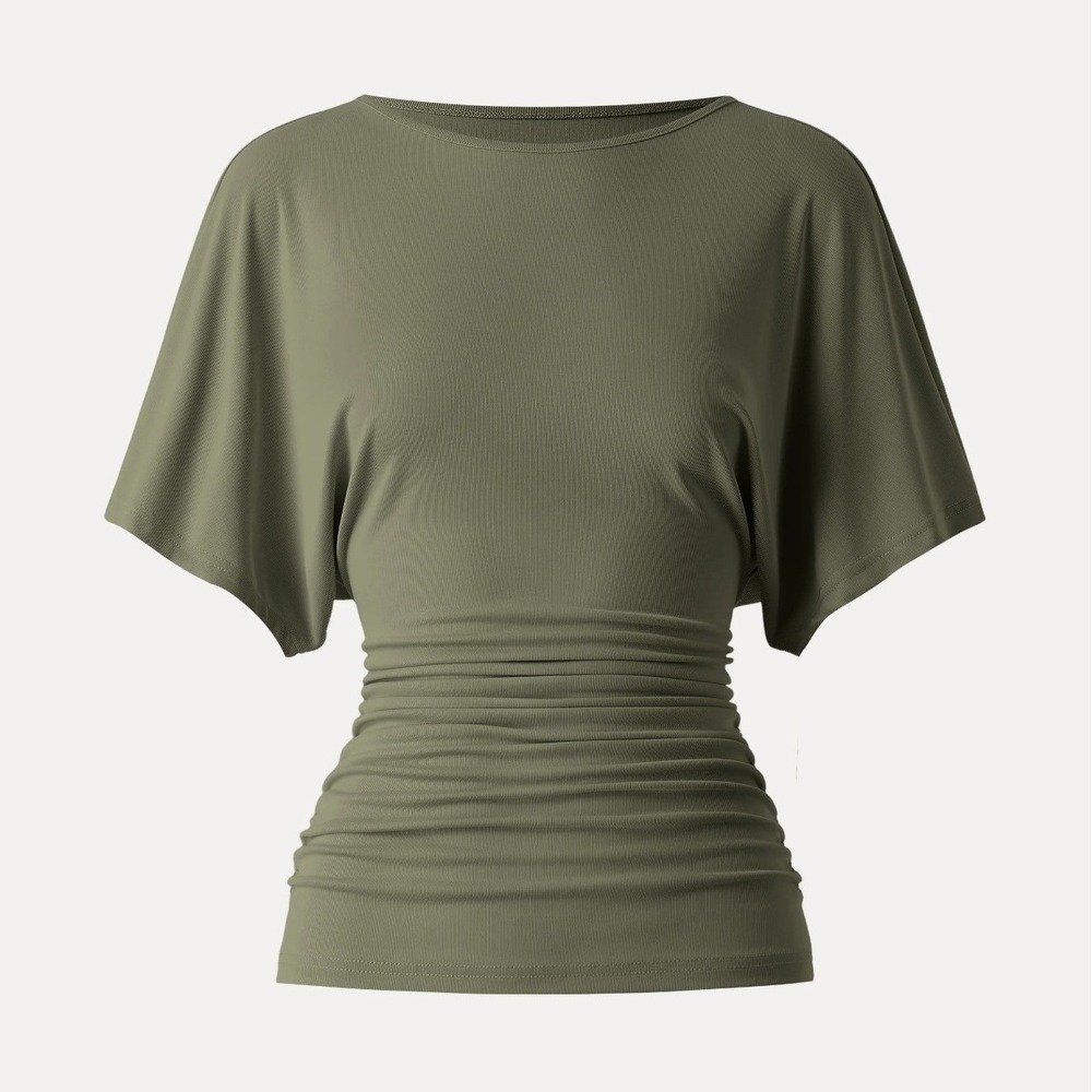 OGL Move Effortless Boatneck Batwing Sleeve Side Ruched Top in Olive XL NWT